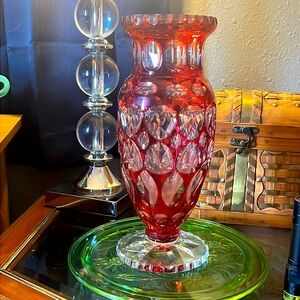 Bohemian red cranberry glass cut to clear antique turn of century vase 11.25”